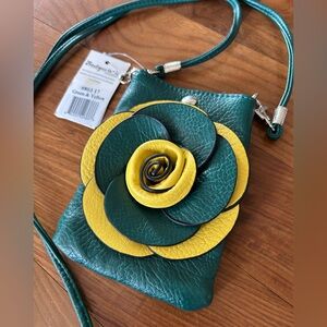 NWT Boutique to U | Women’s Green and Yellow Floral Detail Leather Crossbody Bag